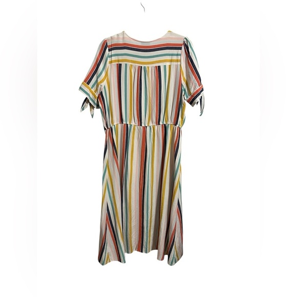 a.n.a Rainbow Striped Midi Sundress with V-Neck and Cuffed Sleeves Linen Blend L - Picture 4 of 10